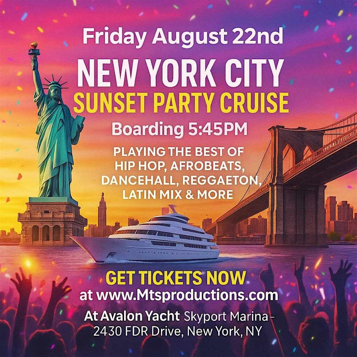 Buy tickets for Sunset Party Cruise NYC – Friday, August 22nd | Avalon Yacht Sunset Party Cruise NYC – Friday, August 22nd | Avalon Yacht