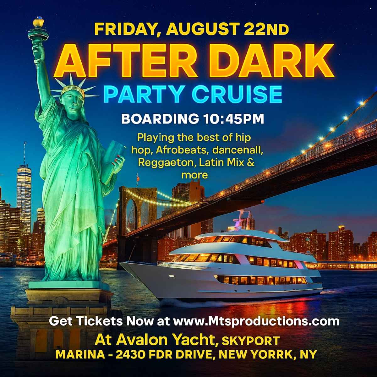 New York City After Dark Party Cruise – Friday, August 22nd | Avalon Yacht