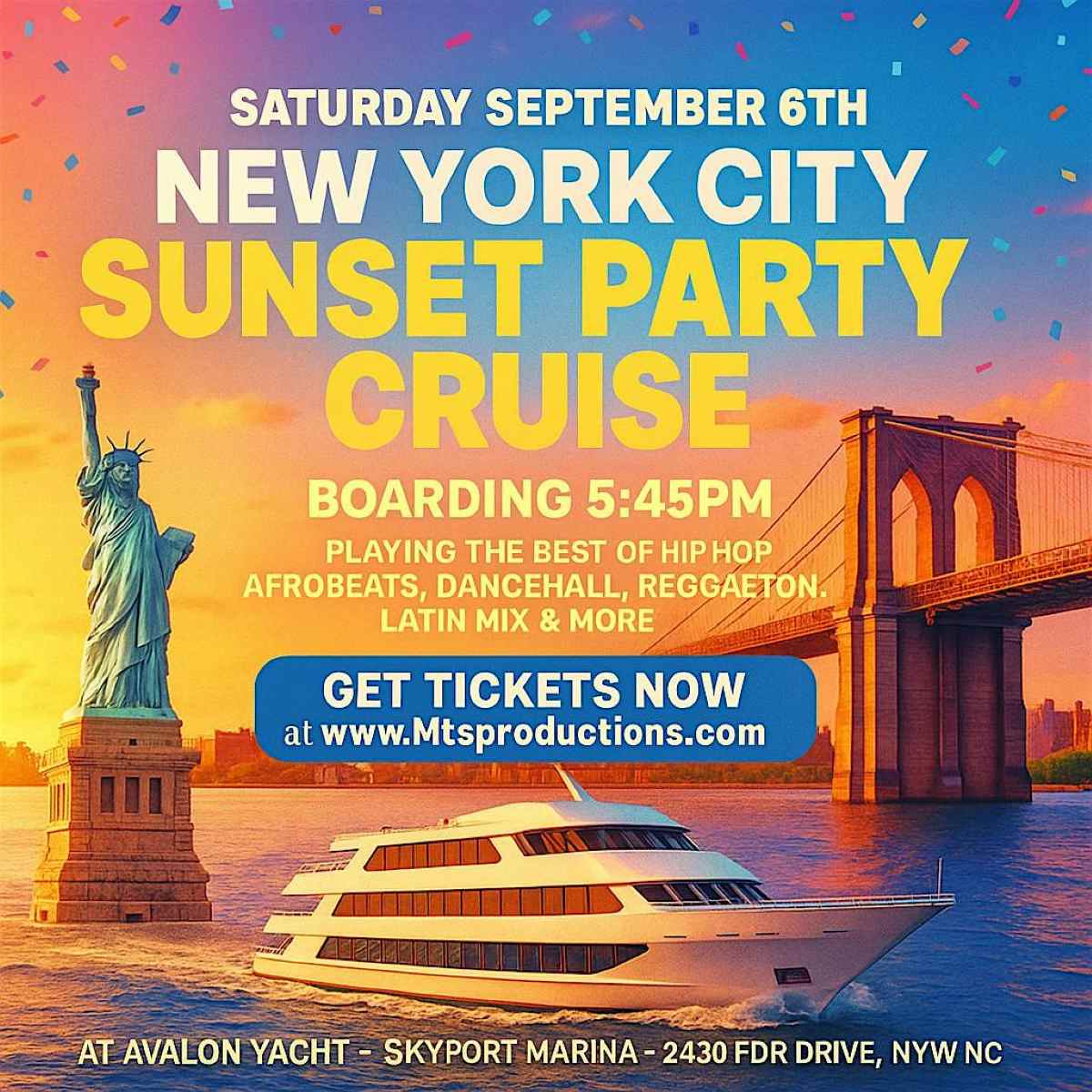 New York City Sunset Party Cruise – Saturday, September 6th at Avalon Yacht