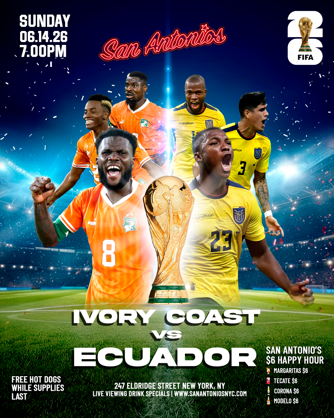 Buy tickets for Soccer Game Viewing Party: IVORY COAST vs ECUADOR at San Antonios Soccer Game Viewing Party: IVORY COAST vs ECUADOR at San Antonios